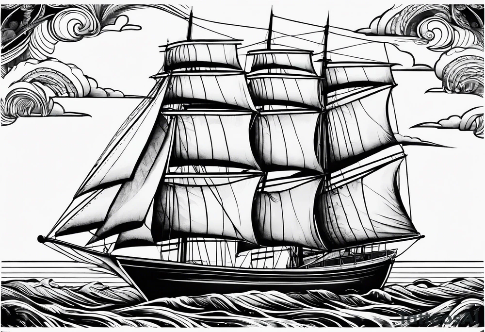 sailboat seen from the front. sail in the shape of a maritime lighthouse.phoenix drawn on the sail. tattoo idea