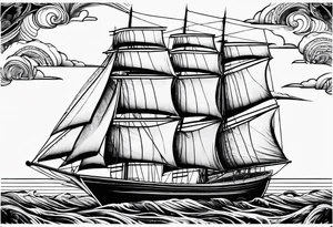 sailboat seen from the front. sail in the shape of a maritime lighthouse.phoenix drawn on the sail. tattoo idea
