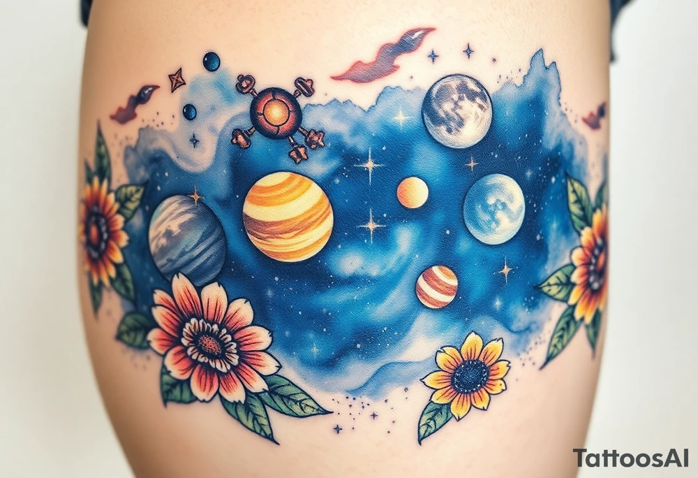 Milky way galaxy with planets with zodiac symbols and protection runes in it with tigerlillies roses and sunflowers tattoo idea