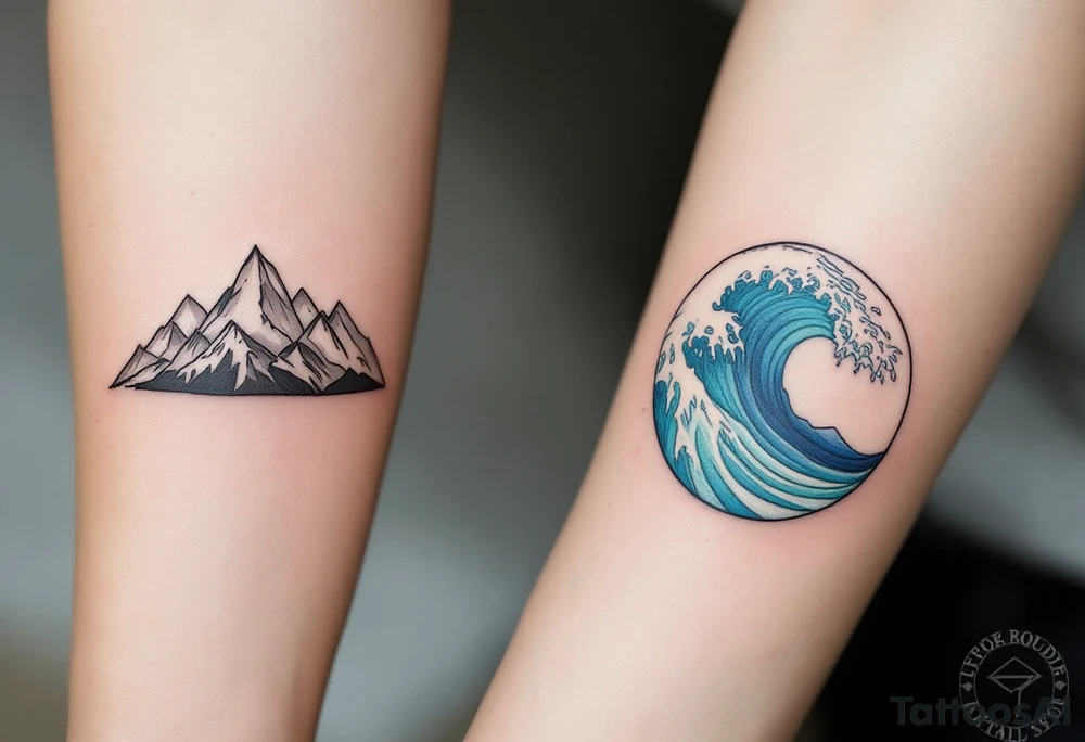 One wears a mountain range in earthy gray tones, and the other an ocean wave in blue and teal, representing strength and flow. tattoo idea