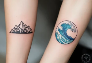 One wears a mountain range in earthy gray tones, and the other an ocean wave in blue and teal, representing strength and flow. tattoo idea