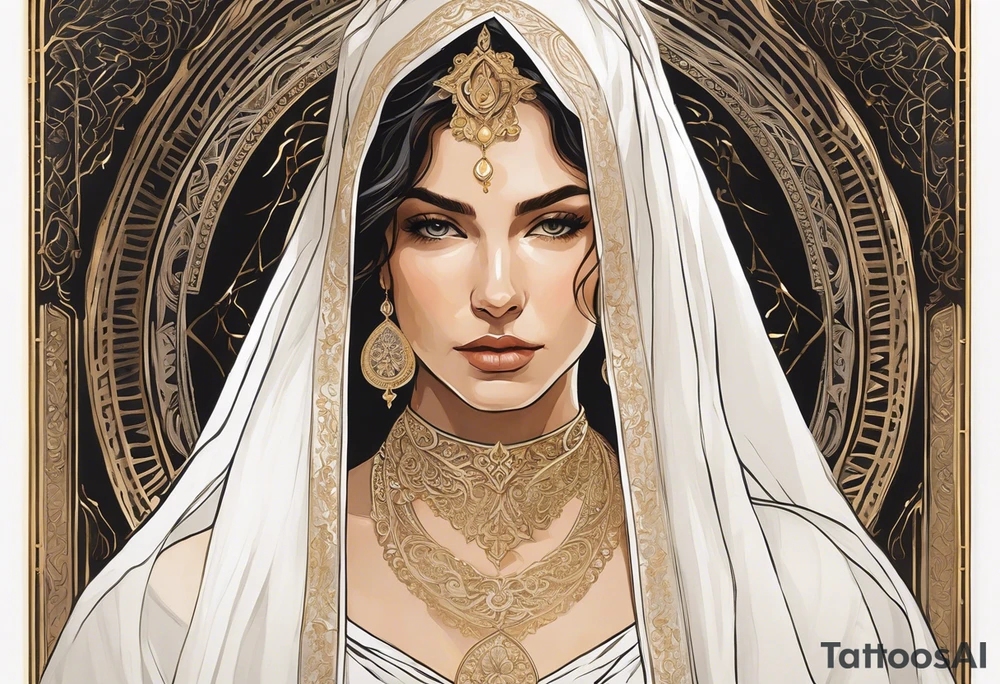 A serene and elegant portrait of a woman with a calm and angelic expression, wearing a delicate white veil, gold jewelry with intricate designs, and a pendant with a religious icon. The lighting is soft and warm, creating a painterly and ethereal effect, reminiscent of classical art tattoo idea