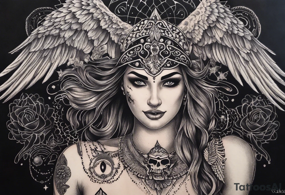 black kali, goddess pirate, alien, angel, pachamama, valkrye, warrior, flying, skull, lotus azul, wing, eagle, zenza resonance, stars, 5D, anahata chakra, death, durga, riding on a tiger, flying lady, chest tatoo tattoo idea