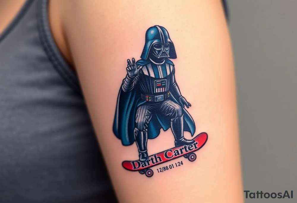Darth Vader skateboarding >
blue & red
skateboard words "Darth Carter"
add date 12/29/88-01/06/24 tattoo idea