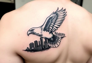 Philadelphia Eagle flying over Philadelphia city skyline faded with a Go Birds under it on arm tattoo idea