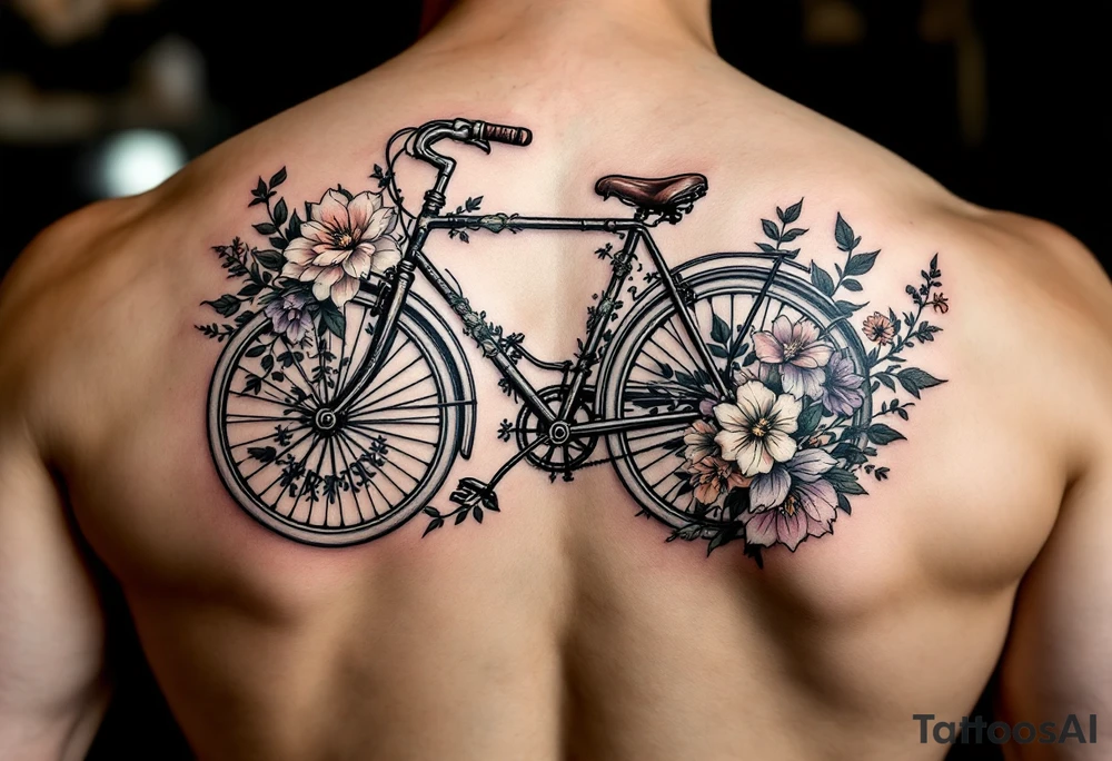 A vintage bicycle with intricate floral designs on the frame, in soft pastels (light pink, mint green, and lavender), symbolizing freedom and adventure. tattoo idea