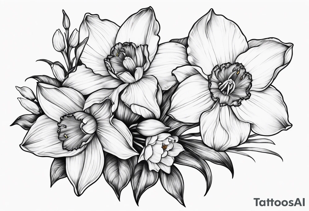 Intertwined daffodil, larkspur, and water lily tattoo idea