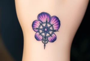 A single Violet with detailed compass at its center representing feminine power including an ankh and Celtic knot tattoo idea