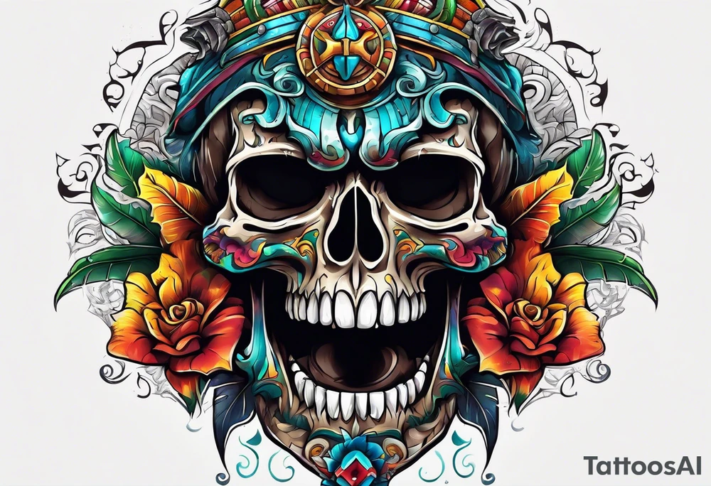 Colorful Mayan scull with water coming out of mouth with bats tattoo idea