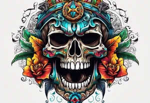 Colorful Mayan scull with water coming out of mouth with bats tattoo idea
