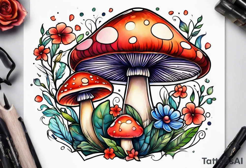 Flower and mushroom pattern tattoo idea