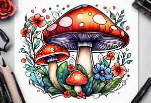 Flower and mushroom pattern tattoo idea