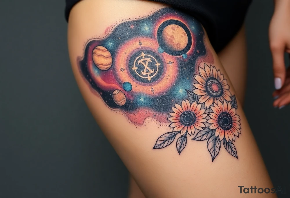 Milky way galaxy with planets with zodiac symbols and protection runes in it with tigerlillies roses and sunflowers tattoo idea