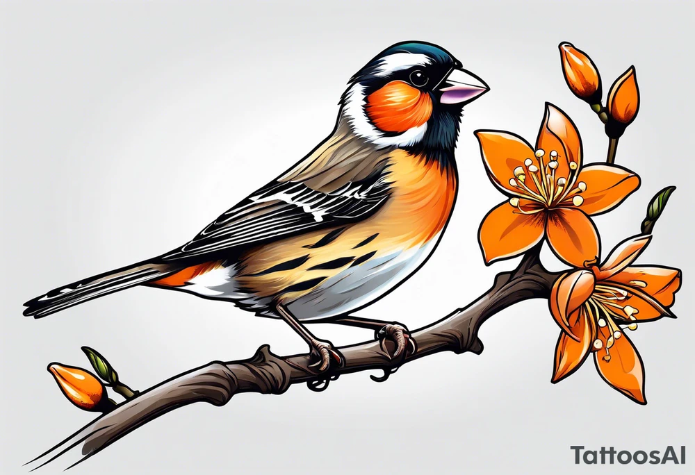 finch lifting off of branch with orange blossoms tattoo idea