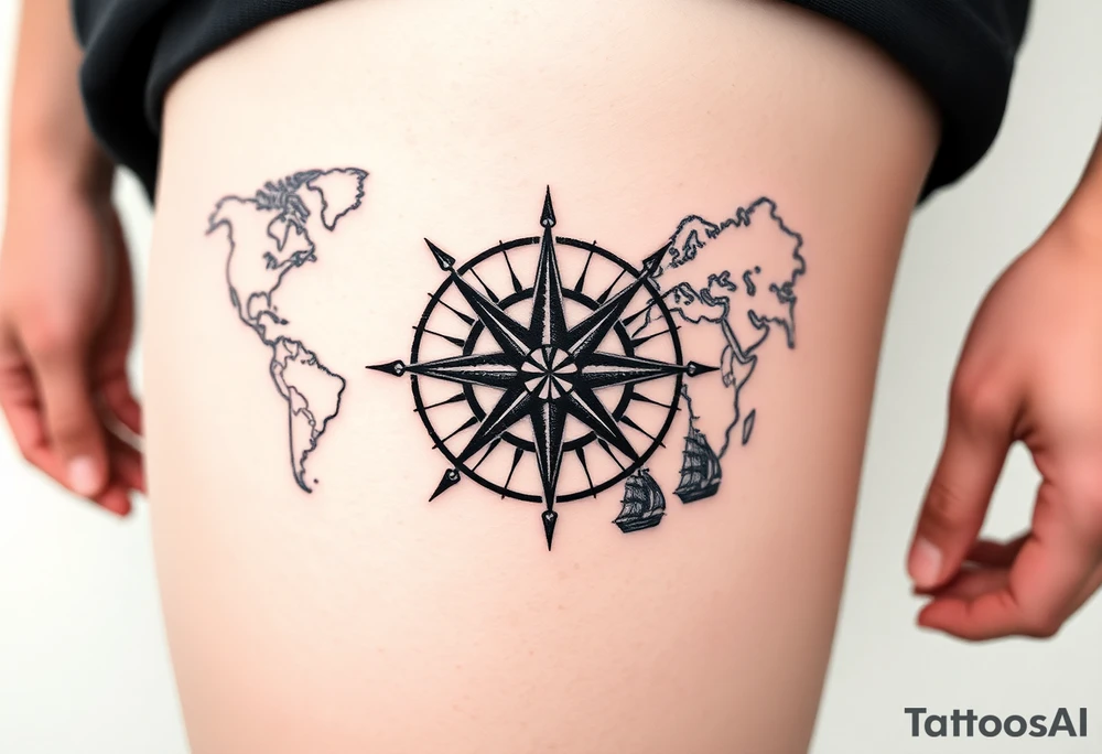 antique compass rose overlaid on weathered world map with sailing ships tattoo idea