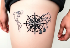 antique compass rose overlaid on weathered world map with sailing ships tattoo idea