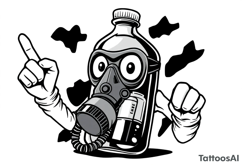 A caricature 2 liter bottle with bulging cartoon eyes and a gas mask on where it’s mouth and nose are supposed to be. Inside the bottle is a lithium battery,and pseudoephedrine tablets, along with a liquid. It has cartoon stick arms with big white gloves one had is holding up his middle finger. tattoo idea