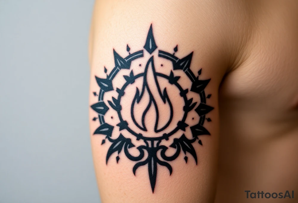 a flame imprisoned in roots circle tattoo idea