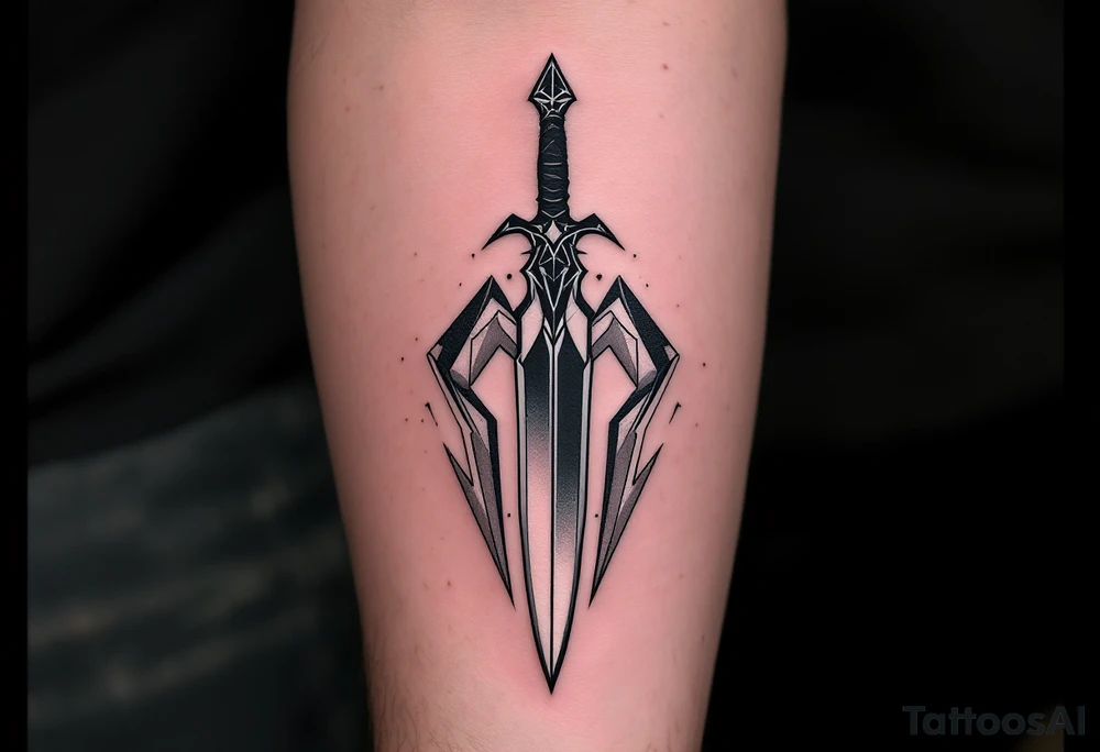 Geometric Dagger – A sleek, minimalist dagger surrounded by sharp geometric patterns, with the blade shaded in black and the surrounding shapes in deep charcoal gray with hints of bright white lines for contrast. tattoo idea