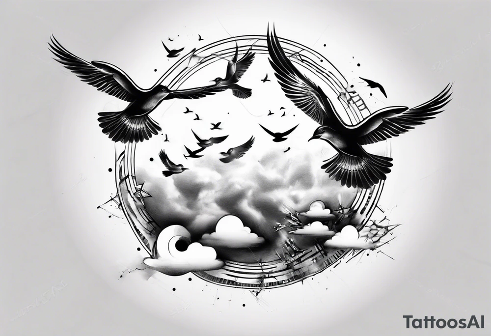 shoulder tattoo with light rays with birds flying free among the clouds, round shape, 3d effect tattoo idea