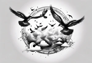 shoulder tattoo with light rays with birds flying free among the clouds, round shape, 3d effect tattoo idea