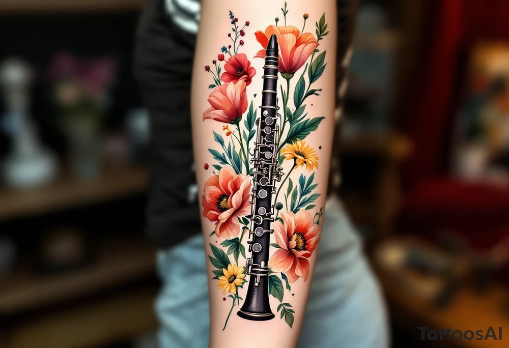 Clarinet and Floral Arrangement – A detailed black clarinet surrounded by a vibrant bouquet of flowers like red poppies, yellow daisies, and green leaves, symbolizing the blend of classical music and nature. tattoo idea