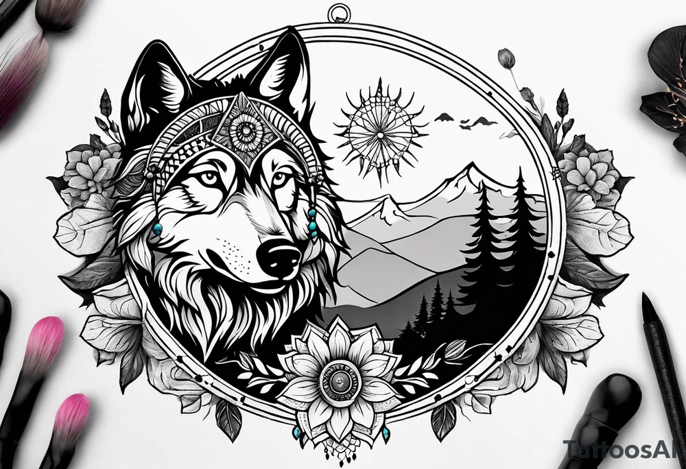 A whimsical wolf tattoo featuring mandala or dream catcher elements, with the wolf as the central focus, surrounded by mountains in the background. Include flowers and nature elements to fill the space around the wolf. Some color but not completely solid bold color tattoo idea