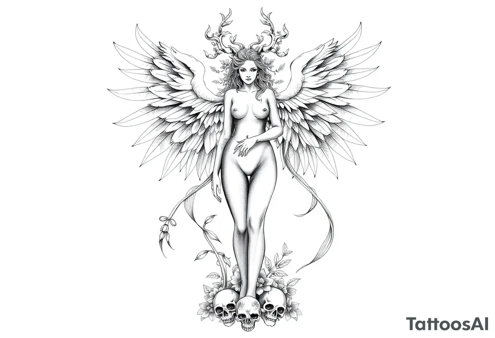 Ethereal Medusa standing. She has phoenix wings. She is beautiful and feminine. Surrounded by flowers and standing with skulls at her feet. Symbolic of resilience, transformation and inner strength. tattoo idea