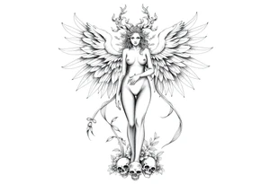 Ethereal Medusa standing. She has phoenix wings. She is beautiful and feminine. Surrounded by flowers and standing with skulls at her feet. Symbolic of resilience, transformation and inner strength. tattoo idea