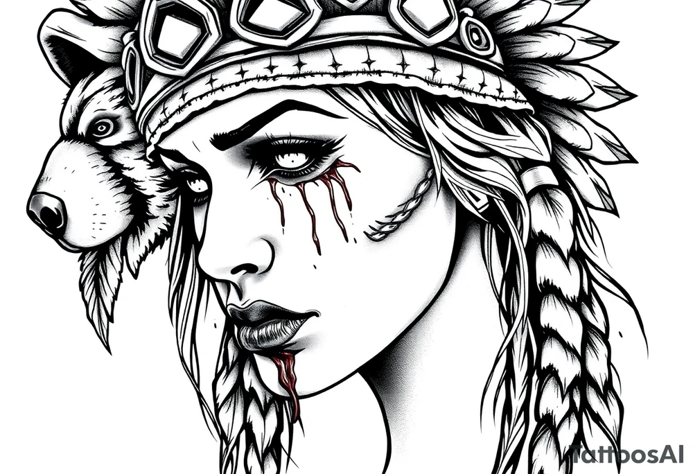 Beautiful Womans shedding a tear, with battle scars and blood on face, wearing a mean looking bear headdress on head tattoo idea