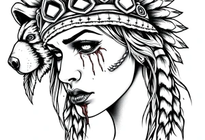 Beautiful Womans shedding a tear, with battle scars and blood on face, wearing a mean looking bear headdress on head tattoo idea