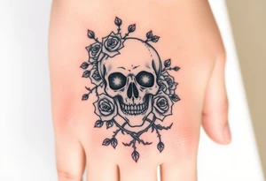 gothic skull intertwined with climbing roses and thorny vines tattoo idea