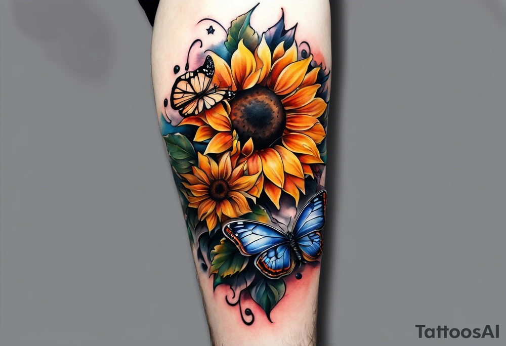 Sleeve with clock, sunflower and butterfly tattoo idea