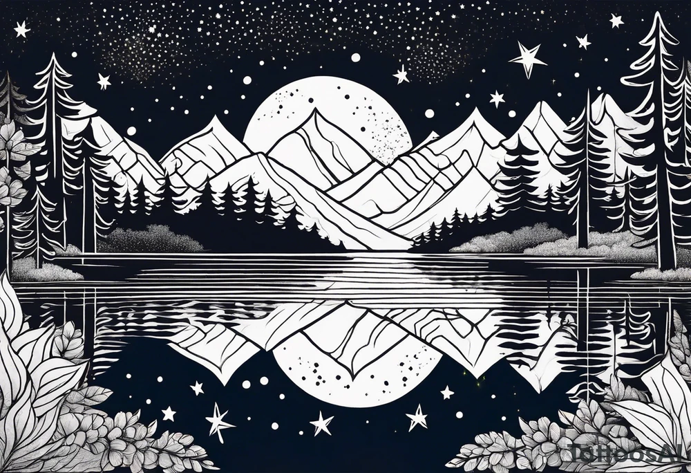 a lake reflecting a dark starry sky with a forest around it tattoo idea