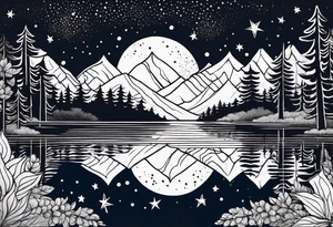 a lake reflecting a dark starry sky with a forest around it tattoo idea