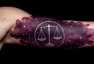 A fine-line scale balances on the arc of the Libra star constellation rendered in shimmering silver on dark plum. tattoo idea