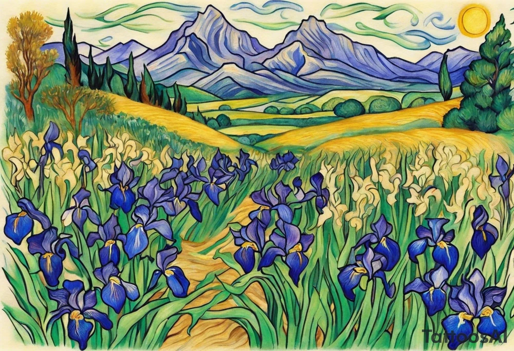Create a small, thick, colorful Vincent van Gogh Irises tattoo, with vines in Celtic knots gracefully intertwining at mountains need to be present. The intended placement is on the upper chest. The overall design should be small in size while maintaining a delicate and artistic aesthetic. Pay attention to the graceful flow of the vines and the placement of the irises to achieve a refined and elegant look. tattoo idea