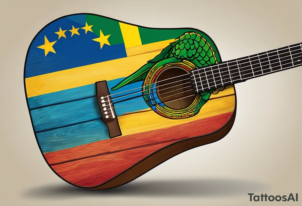 acoustic guitar with divided
 diagonally with one side with the flag of curacao, the other with some reggae colors. on the outside of the guitar, the side with the curacao flag to adorned with some beach or sea creature theme, like a sea turtle. The side with the reggae to have some music notes flowing out tattoo idea
