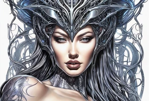 Hajime Sorayama type blended with HR Giger alien woman with vines tattoo idea
