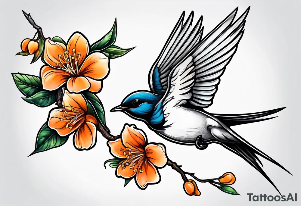 swallow lifting off from an orange blossom branch tattoo idea