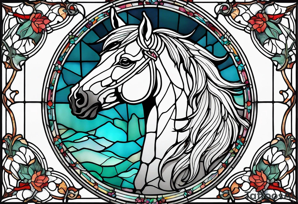 a stained glass window with a horse's head and a thistle in ocean colours. tattoo idea