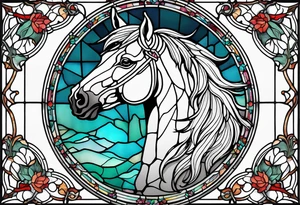 a stained glass window with a horse's head and a thistle in ocean colours. tattoo idea