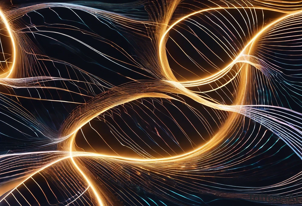 Imagine a sleek, luminescent ribbon—a blend of ethereal waves and subatomic particles—winding around your skin. The ribbon pulses with energy, its undulating peaks and troughs hinting at both wave and particle nature. Within this cosmic lattice, miniature quantum gates open and close, allowing glimpses into alternate realities. The circuitry lines intersect with the ribbon, bridging the quantum and cybernetic realms. tattoo idea