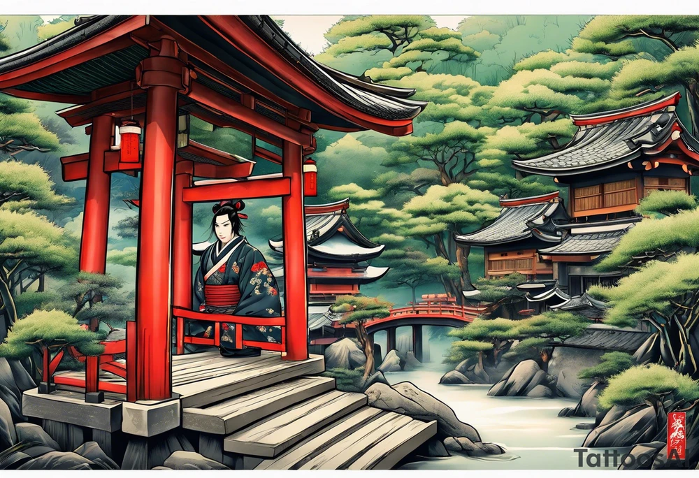 Irezumi style samurai in front of shinto shrine in bamboo grove tattoo idea