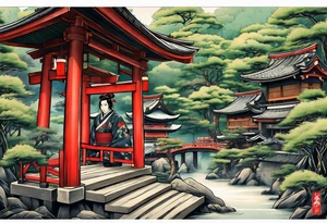 Irezumi style samurai in front of shinto shrine in bamboo grove tattoo idea