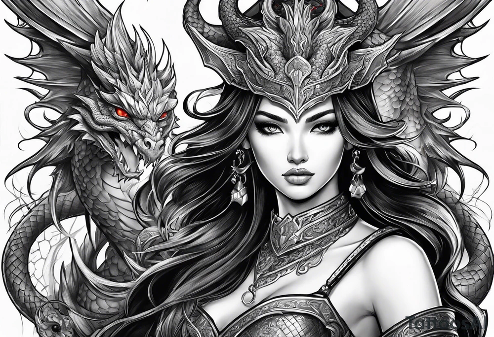 warriors princess with swords and a dragon partner tattoo idea