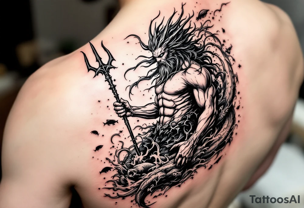 powerful poseidon with trident, surrounded by water and sealife tattoo idea