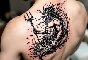 powerful poseidon with trident, surrounded by water and sealife tattoo idea