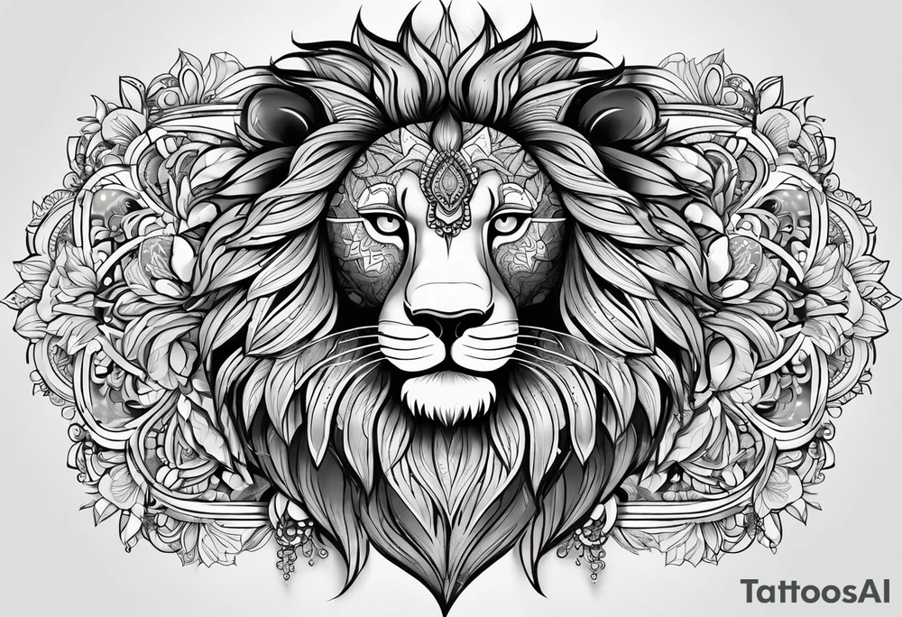 Half lion face half ornate lion face mandala black and grey tattoo tattoo idea