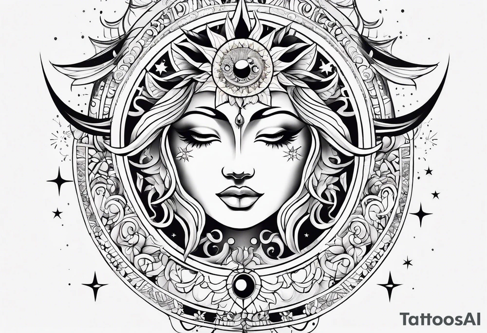 Feminine Sun and moon. long rectangular sternum swirls with dots and stars tattoo idea